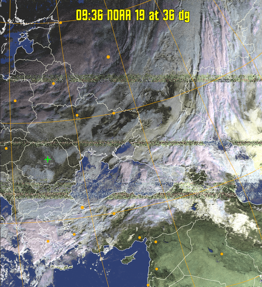 HVCT:
Similar to HVC, but with blue water and with colours more indicative of
land temperatures.
HVC:
Creates a false colour image from NOAA APT images based on temperature using
the HVC colour model. Uses the temperature derived from the sensor 4 image to
select the hue and the brightness from the histogram equalised other image to
select the value and chroma. The HVC colour model attempts to ensure that different colours at the same value will appear to the eye to be the same brightness
and the spacing between colours representing each degree will appear to the eye to
be similar. Bright areas are completely unsaturated in this model.