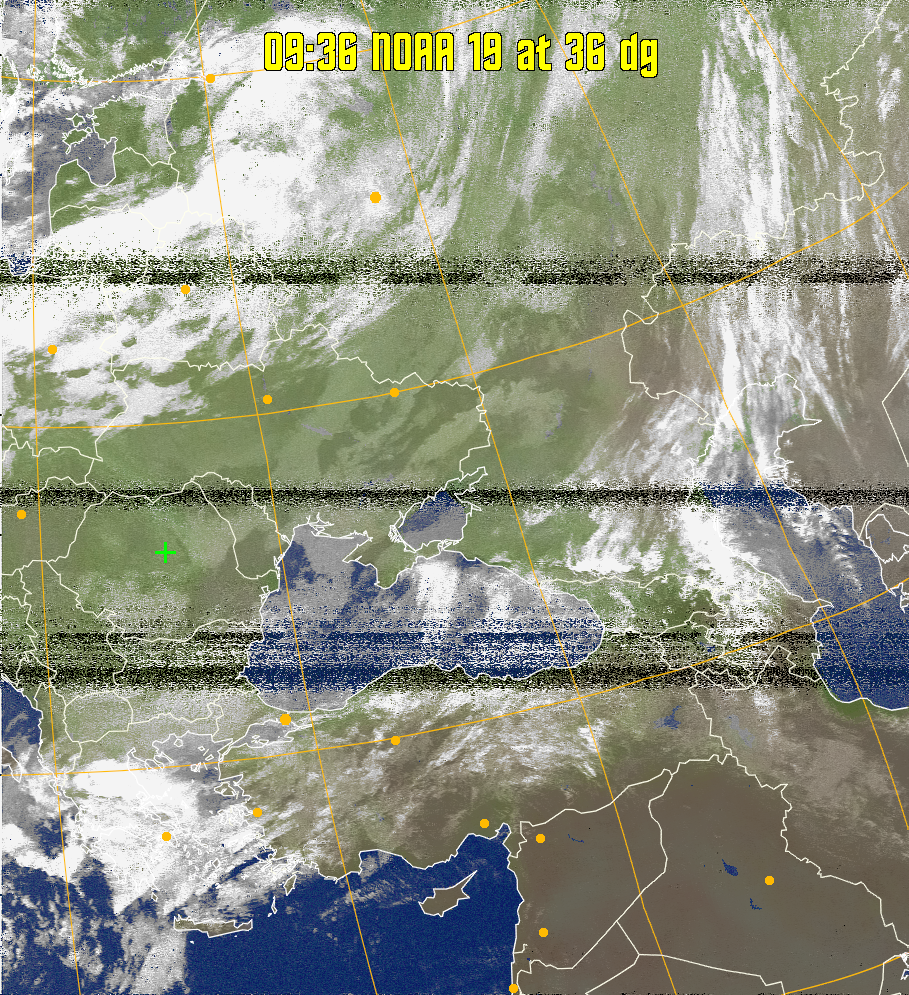 MCIR-precip: 
Colours the NOAA sensor 4 IR image using a map to colour the sea blue and land
green. High clouds appear white, lower clouds gray or land/sea coloured, clouds
generally appear lighter, but distinguishing between land/sea and low cloud may
be difficult. Darker colours indicate warmer regions.