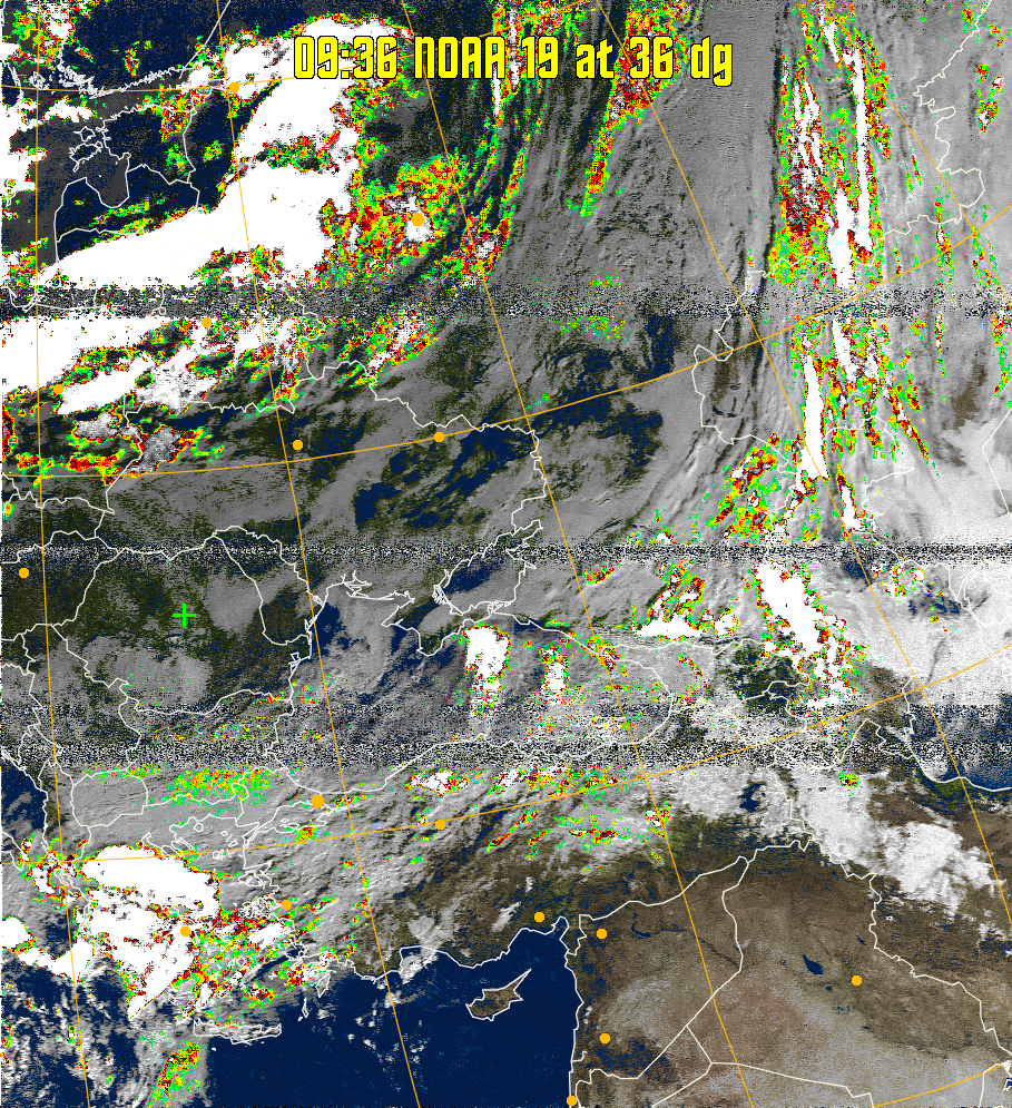 MSA-precip:
Same as MSA multispectral analysis, but high cold cloud tops are coloured the
same as the NO enhancement to give an approximate indication of the probability
and intensity of precipitation.