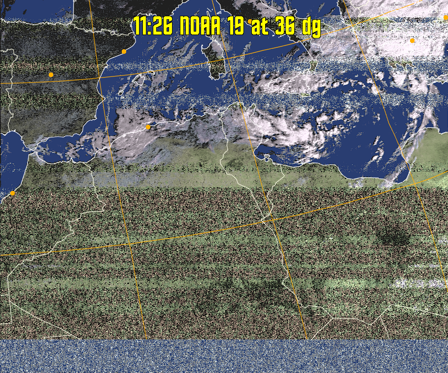 HVCT:
Similar to HVC, but with blue water and with colours more indicative of
land temperatures.
HVC:
Creates a false colour image from NOAA APT images based on temperature using
the HVC colour model. Uses the temperature derived from the sensor 4 image to
select the hue and the brightness from the histogram equalised other image to
select the value and chroma. The HVC colour model attempts to ensure that different colours at the same value will appear to the eye to be the same brightness
and the spacing between colours representing each degree will appear to the eye to
be similar. Bright areas are completely unsaturated in this model.