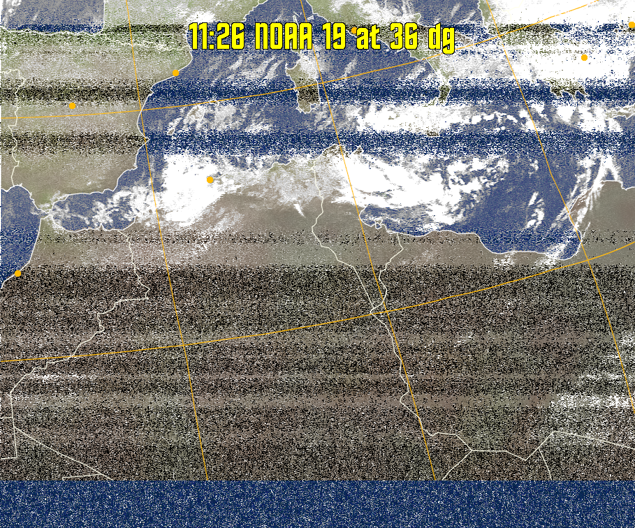 MCIR-precip: 
Colours the NOAA sensor 4 IR image using a map to colour the sea blue and land
green. High clouds appear white, lower clouds gray or land/sea coloured, clouds
generally appear lighter, but distinguishing between land/sea and low cloud may
be difficult. Darker colours indicate warmer regions.