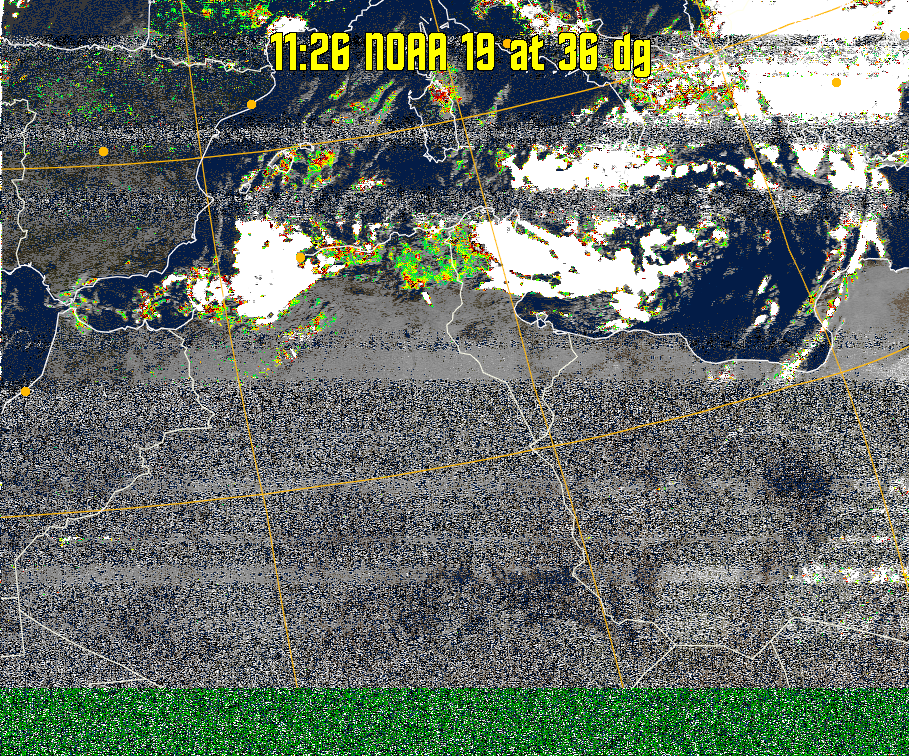 MSA-precip:
Same as MSA multispectral analysis, but high cold cloud tops are coloured the
same as the NO enhancement to give an approximate indication of the probability
and intensity of precipitation.