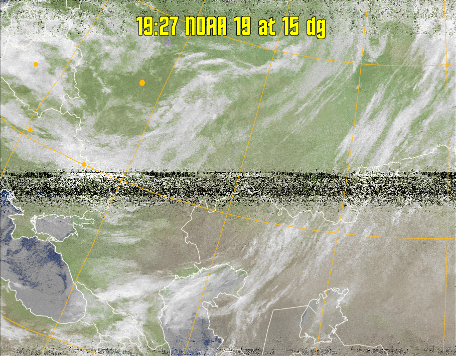 MCIR-precip: 
Colours the NOAA sensor 4 IR image using a map to colour the sea blue and land
green. High clouds appear white, lower clouds gray or land/sea coloured, clouds
generally appear lighter, but distinguishing between land/sea and low cloud may
be difficult. Darker colours indicate warmer regions.