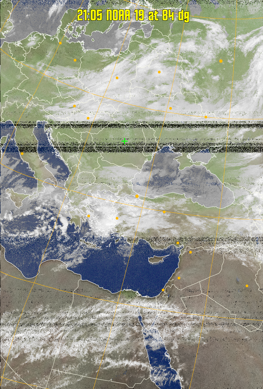 MCIR-precip: 
Colours the NOAA sensor 4 IR image using a map to colour the sea blue and land
green. High clouds appear white, lower clouds gray or land/sea coloured, clouds
generally appear lighter, but distinguishing between land/sea and low cloud may
be difficult. Darker colours indicate warmer regions.