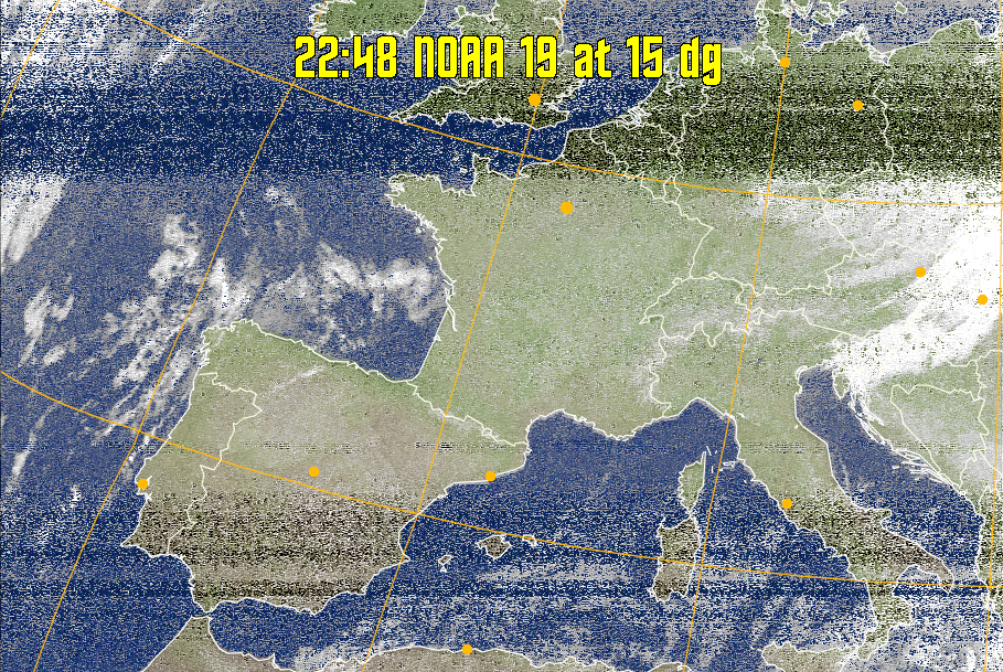 MCIR-precip: 
Colours the NOAA sensor 4 IR image using a map to colour the sea blue and land
green. High clouds appear white, lower clouds gray or land/sea coloured, clouds
generally appear lighter, but distinguishing between land/sea and low cloud may
be difficult. Darker colours indicate warmer regions.