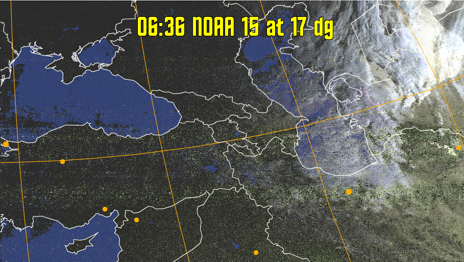 HVCT:
Similar to HVC, but with blue water and with colours more indicative of
land temperatures.
HVC:
Creates a false colour image from NOAA APT images based on temperature using
the HVC colour model. Uses the temperature derived from the sensor 4 image to
select the hue and the brightness from the histogram equalised other image to
select the value and chroma. The HVC colour model attempts to ensure that different colours at the same value will appear to the eye to be the same brightness
and the spacing between colours representing each degree will appear to the eye to
be similar. Bright areas are completely unsaturated in this model.