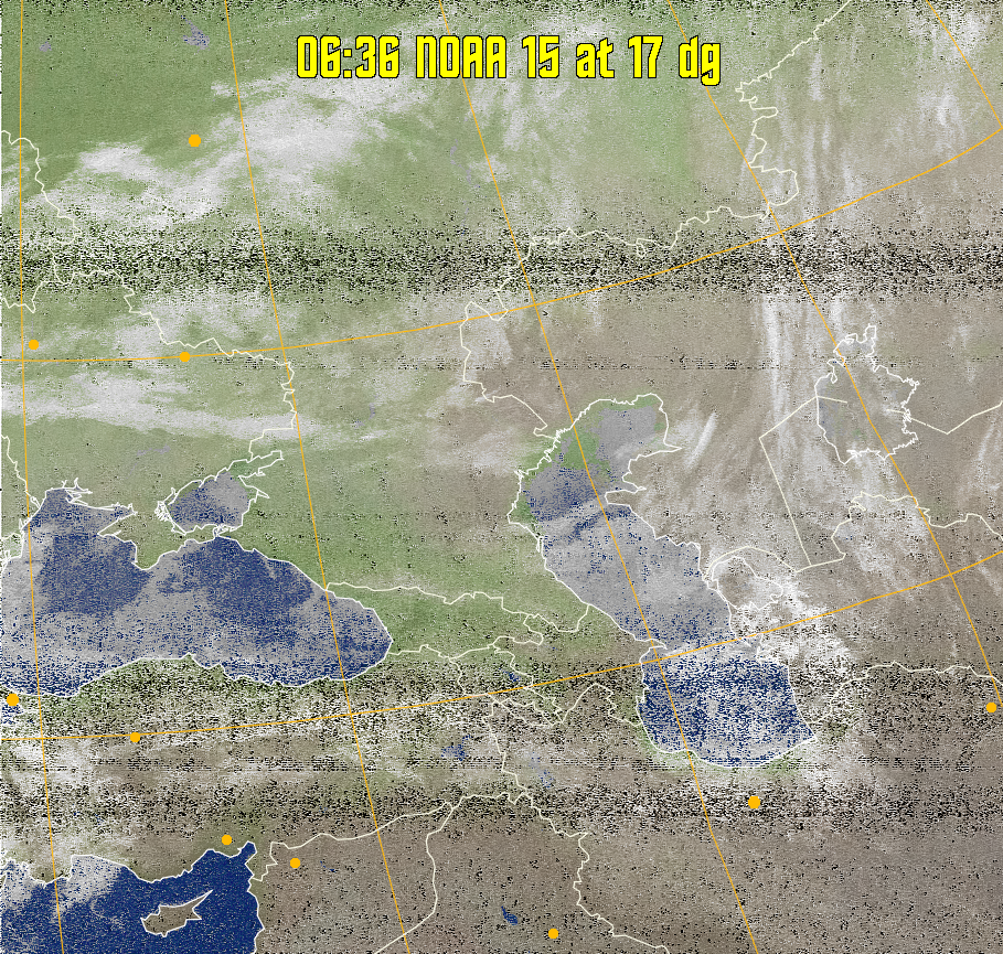 MCIR-precip: 
Colours the NOAA sensor 4 IR image using a map to colour the sea blue and land
green. High clouds appear white, lower clouds gray or land/sea coloured, clouds
generally appear lighter, but distinguishing between land/sea and low cloud may
be difficult. Darker colours indicate warmer regions.