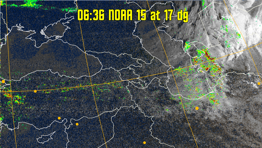 MSA-precip:
Same as MSA multispectral analysis, but high cold cloud tops are coloured the
same as the NO enhancement to give an approximate indication of the probability
and intensity of precipitation.