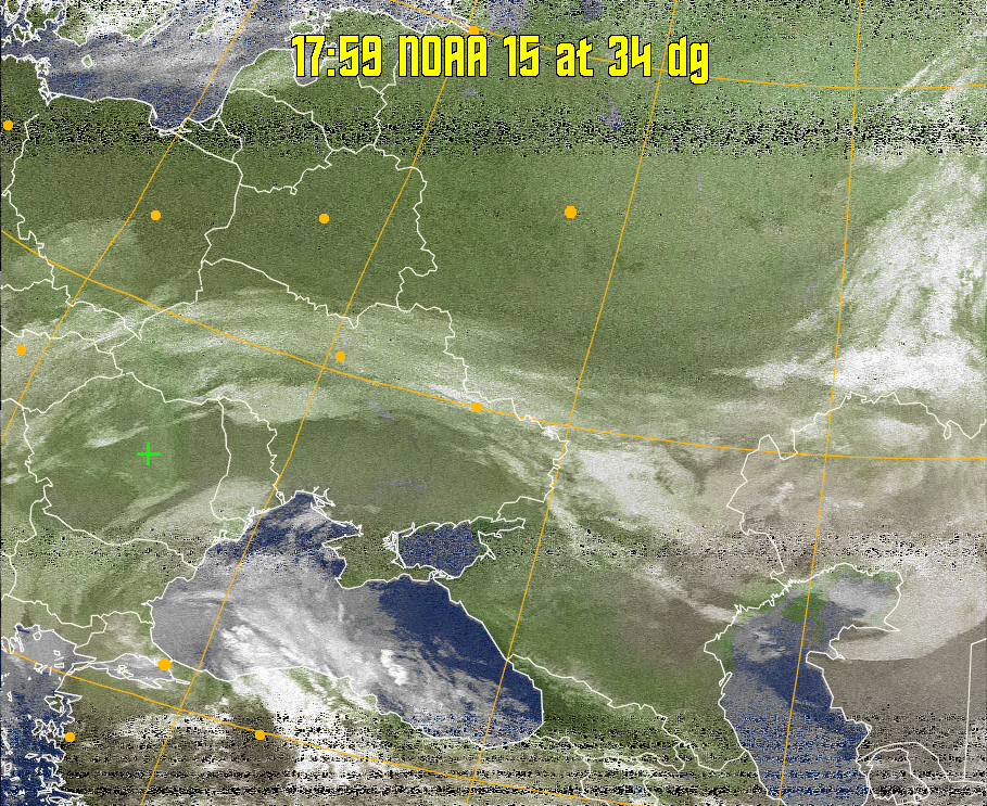 MCIR-precip: 
Colours the NOAA sensor 4 IR image using a map to colour the sea blue and land
green. High clouds appear white, lower clouds gray or land/sea coloured, clouds
generally appear lighter, but distinguishing between land/sea and low cloud may
be difficult. Darker colours indicate warmer regions.