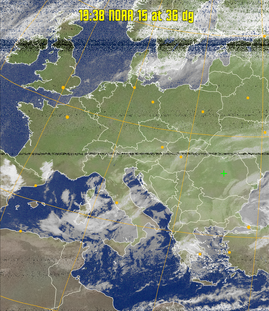 MCIR-precip: 
Colours the NOAA sensor 4 IR image using a map to colour the sea blue and land
green. High clouds appear white, lower clouds gray or land/sea coloured, clouds
generally appear lighter, but distinguishing between land/sea and low cloud may
be difficult. Darker colours indicate warmer regions.