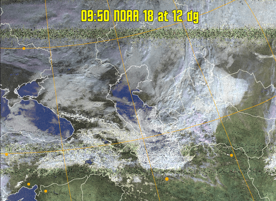 HVCT:
Similar to HVC, but with blue water and with colours more indicative of
land temperatures.
HVC:
Creates a false colour image from NOAA APT images based on temperature using
the HVC colour model. Uses the temperature derived from the sensor 4 image to
select the hue and the brightness from the histogram equalised other image to
select the value and chroma. The HVC colour model attempts to ensure that different colours at the same value will appear to the eye to be the same brightness
and the spacing between colours representing each degree will appear to the eye to
be similar. Bright areas are completely unsaturated in this model.