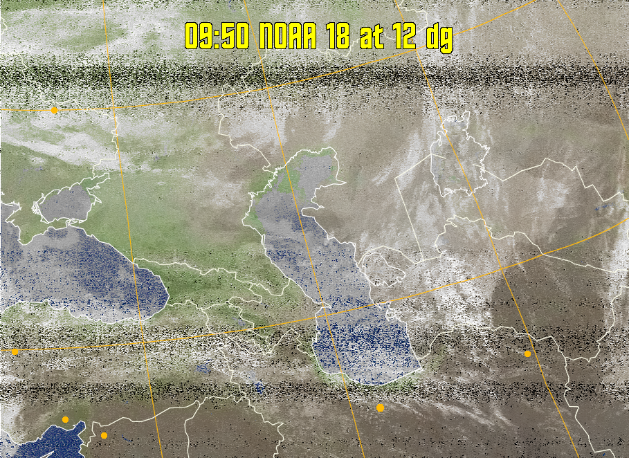 MCIR-precip: 
Colours the NOAA sensor 4 IR image using a map to colour the sea blue and land
green. High clouds appear white, lower clouds gray or land/sea coloured, clouds
generally appear lighter, but distinguishing between land/sea and low cloud may
be difficult. Darker colours indicate warmer regions.