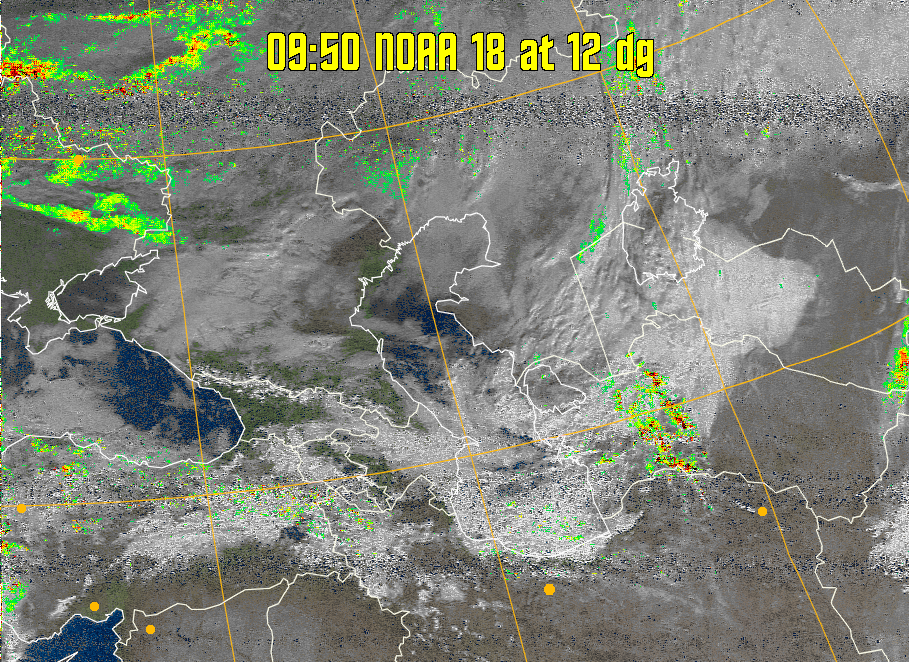 MSA-precip:
Same as MSA multispectral analysis, but high cold cloud tops are coloured the
same as the NO enhancement to give an approximate indication of the probability
and intensity of precipitation.