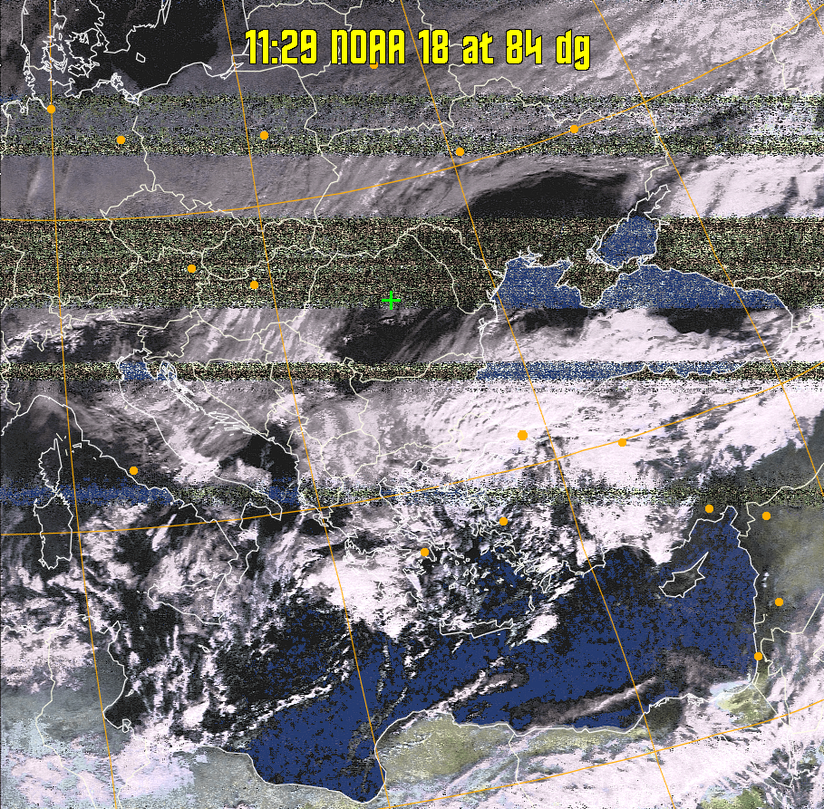 HVCT:
Similar to HVC, but with blue water and with colours more indicative of
land temperatures.
HVC:
Creates a false colour image from NOAA APT images based on temperature using
the HVC colour model. Uses the temperature derived from the sensor 4 image to
select the hue and the brightness from the histogram equalised other image to
select the value and chroma. The HVC colour model attempts to ensure that different colours at the same value will appear to the eye to be the same brightness
and the spacing between colours representing each degree will appear to the eye to
be similar. Bright areas are completely unsaturated in this model.