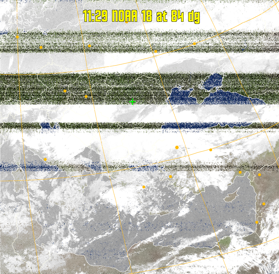 MCIR-precip: 
Colours the NOAA sensor 4 IR image using a map to colour the sea blue and land
green. High clouds appear white, lower clouds gray or land/sea coloured, clouds
generally appear lighter, but distinguishing between land/sea and low cloud may
be difficult. Darker colours indicate warmer regions.