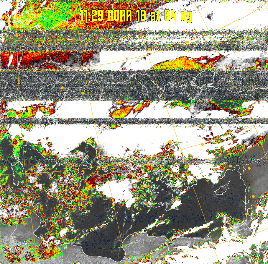 MSA-precip:
Same as MSA multispectral analysis, but high cold cloud tops are coloured the
same as the NO enhancement to give an approximate indication of the probability
and intensity of precipitation.