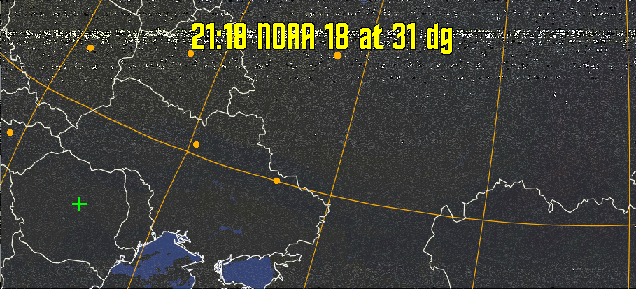 HVCT:
Similar to HVC, but with blue water and with colours more indicative of
land temperatures.
HVC:
Creates a false colour image from NOAA APT images based on temperature using
the HVC colour model. Uses the temperature derived from the sensor 4 image to
select the hue and the brightness from the histogram equalised other image to
select the value and chroma. The HVC colour model attempts to ensure that different colours at the same value will appear to the eye to be the same brightness
and the spacing between colours representing each degree will appear to the eye to
be similar. Bright areas are completely unsaturated in this model.