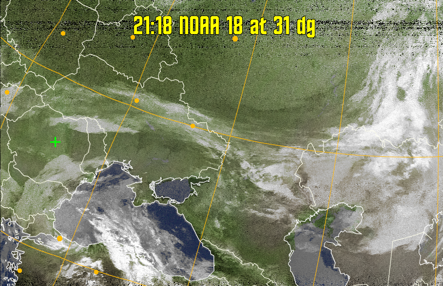 MCIR-precip: 
Colours the NOAA sensor 4 IR image using a map to colour the sea blue and land
green. High clouds appear white, lower clouds gray or land/sea coloured, clouds
generally appear lighter, but distinguishing between land/sea and low cloud may
be difficult. Darker colours indicate warmer regions.