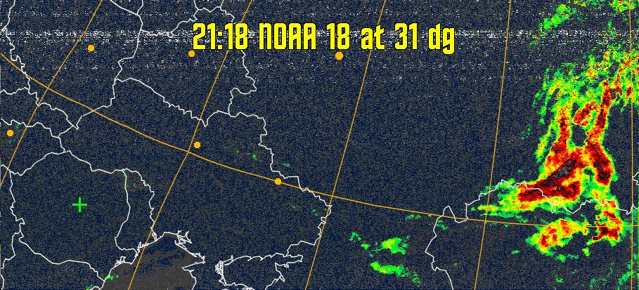 MSA-precip:
Same as MSA multispectral analysis, but high cold cloud tops are coloured the
same as the NO enhancement to give an approximate indication of the probability
and intensity of precipitation.