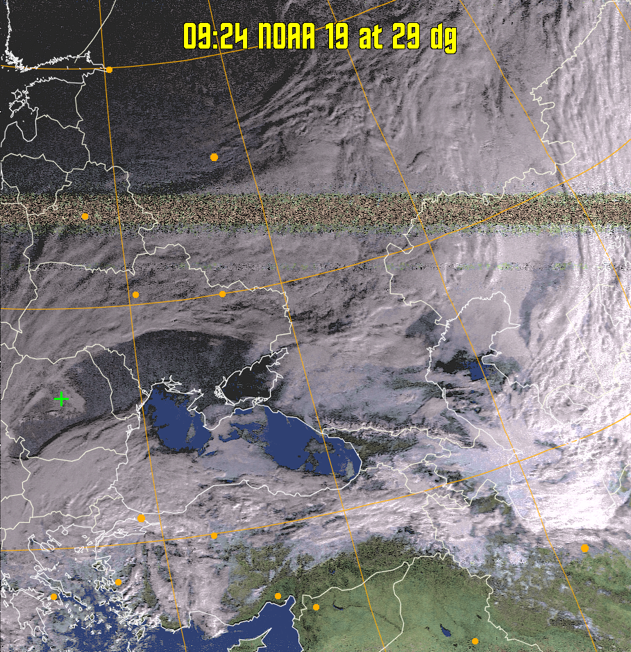 HVCT:
Similar to HVC, but with blue water and with colours more indicative of
land temperatures.
HVC:
Creates a false colour image from NOAA APT images based on temperature using
the HVC colour model. Uses the temperature derived from the sensor 4 image to
select the hue and the brightness from the histogram equalised other image to
select the value and chroma. The HVC colour model attempts to ensure that different colours at the same value will appear to the eye to be the same brightness
and the spacing between colours representing each degree will appear to the eye to
be similar. Bright areas are completely unsaturated in this model.