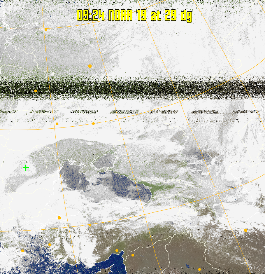 MCIR-precip: 
Colours the NOAA sensor 4 IR image using a map to colour the sea blue and land
green. High clouds appear white, lower clouds gray or land/sea coloured, clouds
generally appear lighter, but distinguishing between land/sea and low cloud may
be difficult. Darker colours indicate warmer regions.