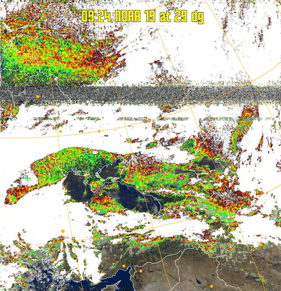 MSA-precip:
Same as MSA multispectral analysis, but high cold cloud tops are coloured the
same as the NO enhancement to give an approximate indication of the probability
and intensity of precipitation.