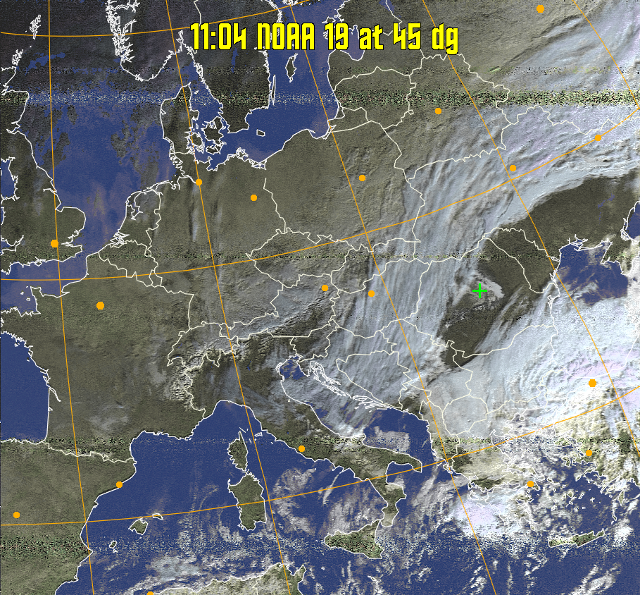 HVCT:
Similar to HVC, but with blue water and with colours more indicative of
land temperatures.
HVC:
Creates a false colour image from NOAA APT images based on temperature using
the HVC colour model. Uses the temperature derived from the sensor 4 image to
select the hue and the brightness from the histogram equalised other image to
select the value and chroma. The HVC colour model attempts to ensure that different colours at the same value will appear to the eye to be the same brightness
and the spacing between colours representing each degree will appear to the eye to
be similar. Bright areas are completely unsaturated in this model.