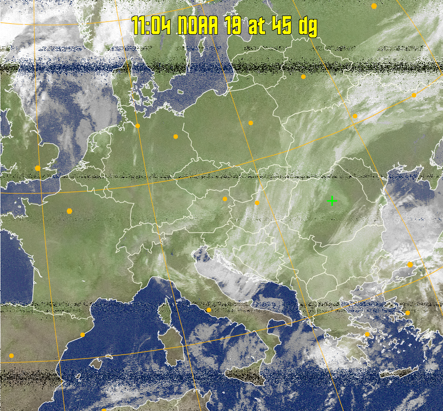 MCIR-precip: 
Colours the NOAA sensor 4 IR image using a map to colour the sea blue and land
green. High clouds appear white, lower clouds gray or land/sea coloured, clouds
generally appear lighter, but distinguishing between land/sea and low cloud may
be difficult. Darker colours indicate warmer regions.