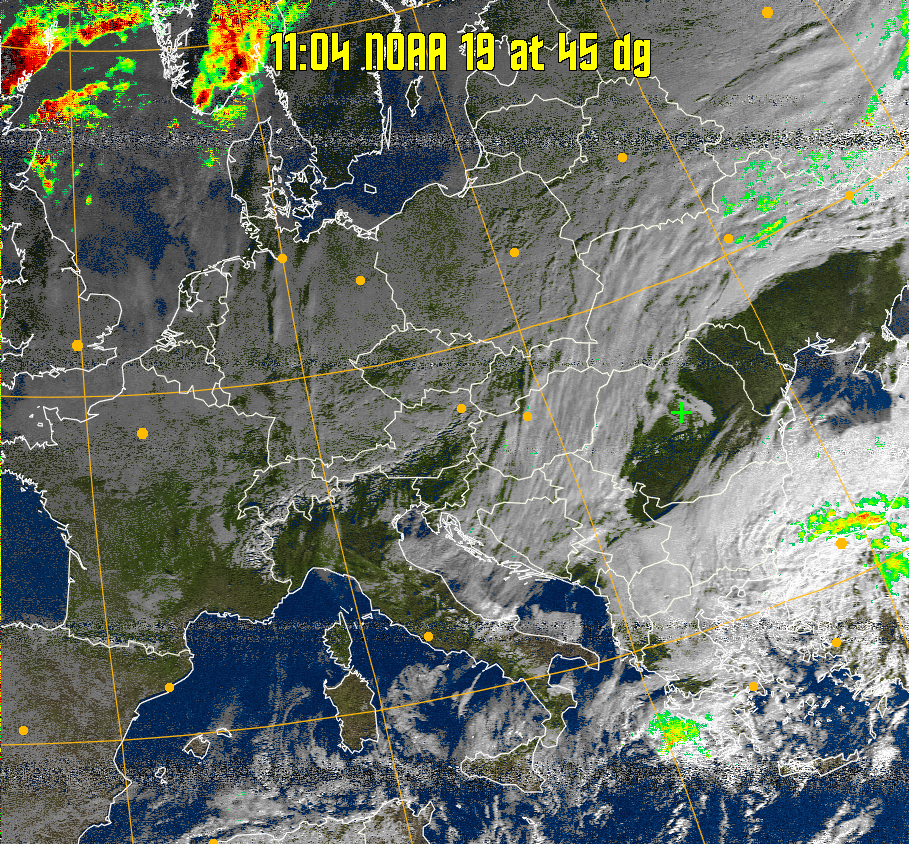 MSA-precip:
Same as MSA multispectral analysis, but high cold cloud tops are coloured the
same as the NO enhancement to give an approximate indication of the probability
and intensity of precipitation.