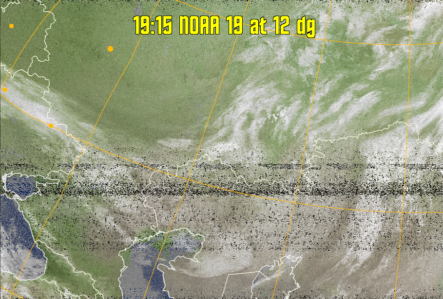 MCIR-precip: 
Colours the NOAA sensor 4 IR image using a map to colour the sea blue and land
green. High clouds appear white, lower clouds gray or land/sea coloured, clouds
generally appear lighter, but distinguishing between land/sea and low cloud may
be difficult. Darker colours indicate warmer regions.