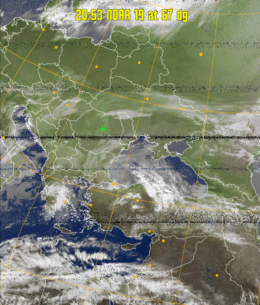 MCIR-precip: 
Colours the NOAA sensor 4 IR image using a map to colour the sea blue and land
green. High clouds appear white, lower clouds gray or land/sea coloured, clouds
generally appear lighter, but distinguishing between land/sea and low cloud may
be difficult. Darker colours indicate warmer regions.