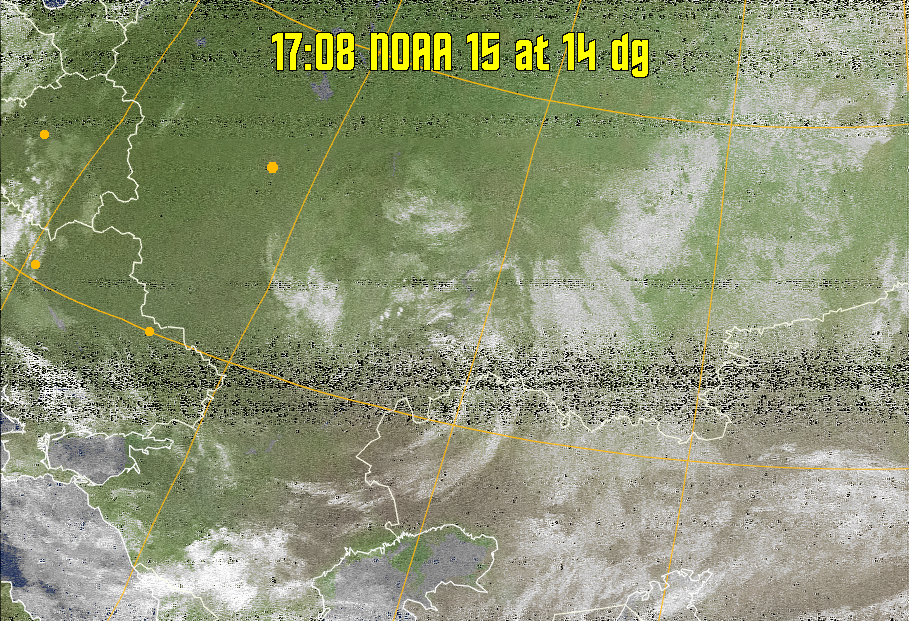 MCIR-precip: 
Colours the NOAA sensor 4 IR image using a map to colour the sea blue and land
green. High clouds appear white, lower clouds gray or land/sea coloured, clouds
generally appear lighter, but distinguishing between land/sea and low cloud may
be difficult. Darker colours indicate warmer regions.