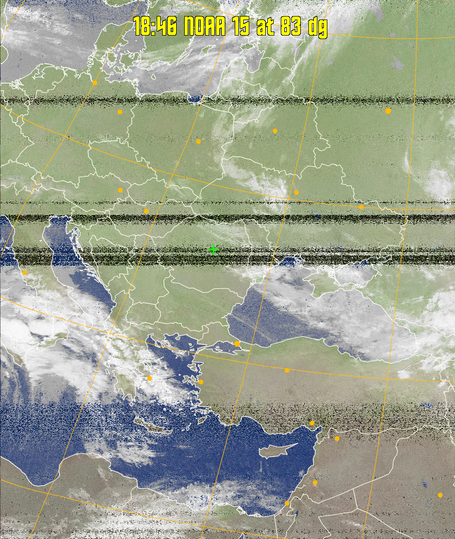 MCIR-precip: 
Colours the NOAA sensor 4 IR image using a map to colour the sea blue and land
green. High clouds appear white, lower clouds gray or land/sea coloured, clouds
generally appear lighter, but distinguishing between land/sea and low cloud may
be difficult. Darker colours indicate warmer regions.