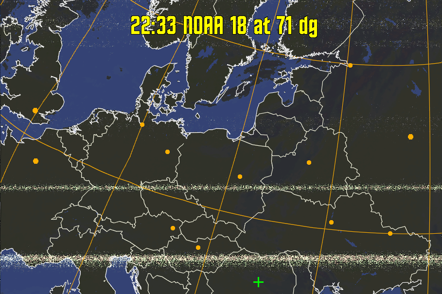 HVCT:
Similar to HVC, but with blue water and with colours more indicative of
land temperatures.
HVC:
Creates a false colour image from NOAA APT images based on temperature using
the HVC colour model. Uses the temperature derived from the sensor 4 image to
select the hue and the brightness from the histogram equalised other image to
select the value and chroma. The HVC colour model attempts to ensure that different colours at the same value will appear to the eye to be the same brightness
and the spacing between colours representing each degree will appear to the eye to
be similar. Bright areas are completely unsaturated in this model.