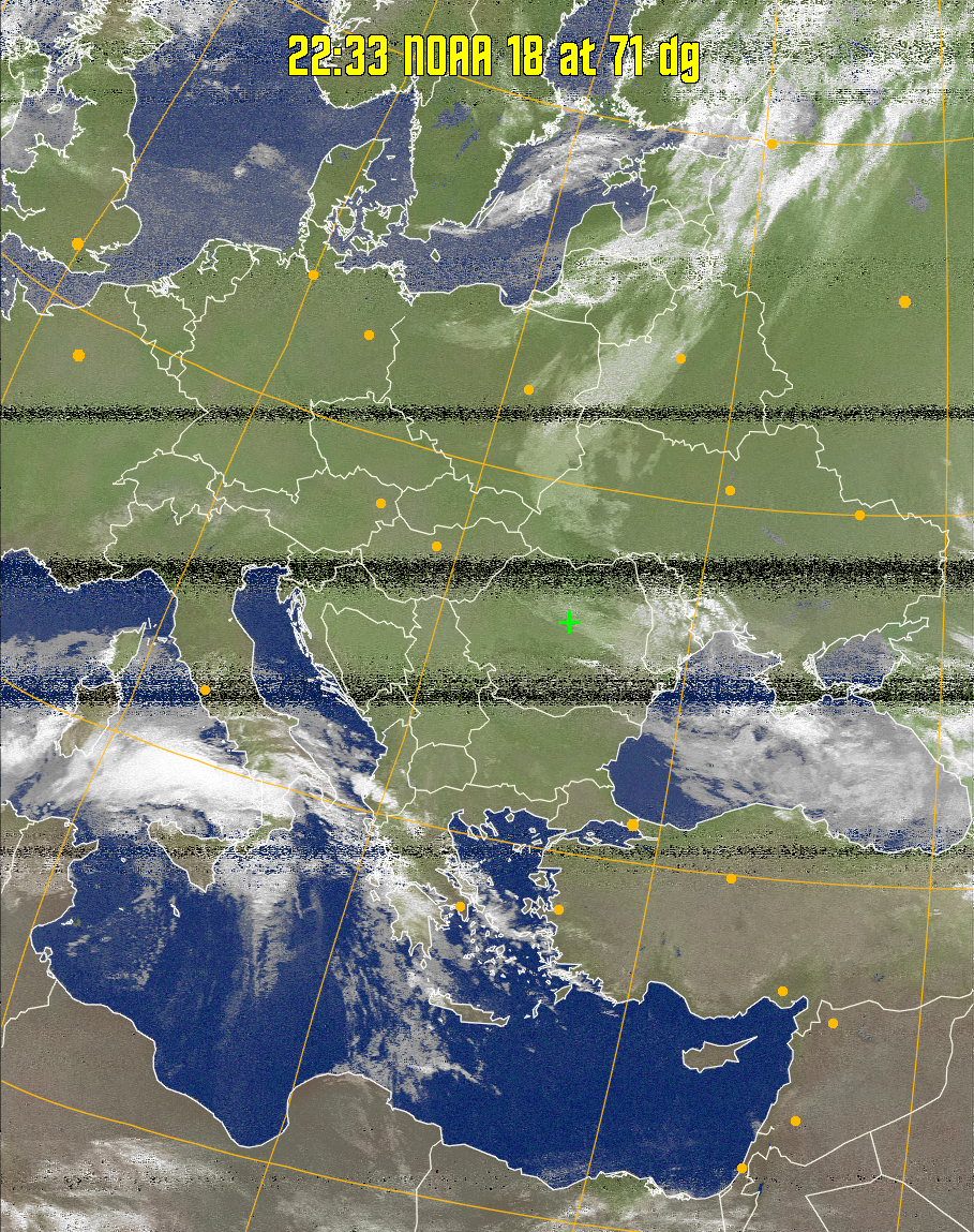 MCIR-precip: 
Colours the NOAA sensor 4 IR image using a map to colour the sea blue and land
green. High clouds appear white, lower clouds gray or land/sea coloured, clouds
generally appear lighter, but distinguishing between land/sea and low cloud may
be difficult. Darker colours indicate warmer regions.