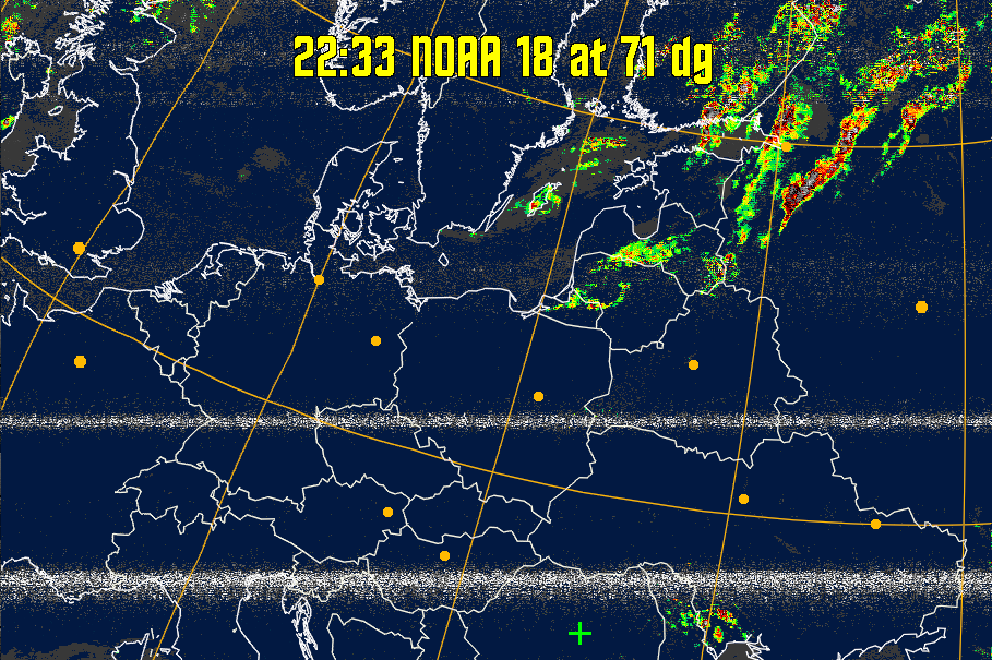 MSA-precip:
Same as MSA multispectral analysis, but high cold cloud tops are coloured the
same as the NO enhancement to give an approximate indication of the probability
and intensity of precipitation.