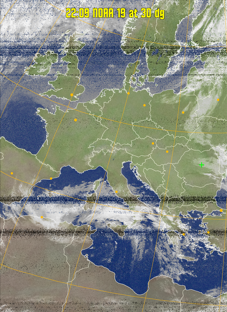 MCIR-precip: 
Colours the NOAA sensor 4 IR image using a map to colour the sea blue and land
green. High clouds appear white, lower clouds gray or land/sea coloured, clouds
generally appear lighter, but distinguishing between land/sea and low cloud may
be difficult. Darker colours indicate warmer regions.