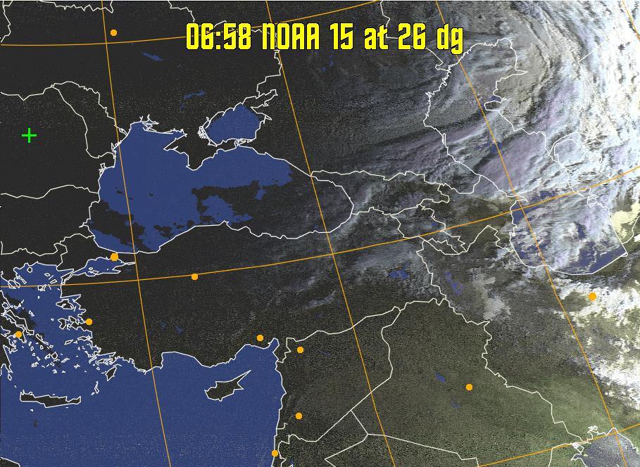 HVCT:
Similar to HVC, but with blue water and with colours more indicative of
land temperatures.
HVC:
Creates a false colour image from NOAA APT images based on temperature using
the HVC colour model. Uses the temperature derived from the sensor 4 image to
select the hue and the brightness from the histogram equalised other image to
select the value and chroma. The HVC colour model attempts to ensure that different colours at the same value will appear to the eye to be the same brightness
and the spacing between colours representing each degree will appear to the eye to
be similar. Bright areas are completely unsaturated in this model.