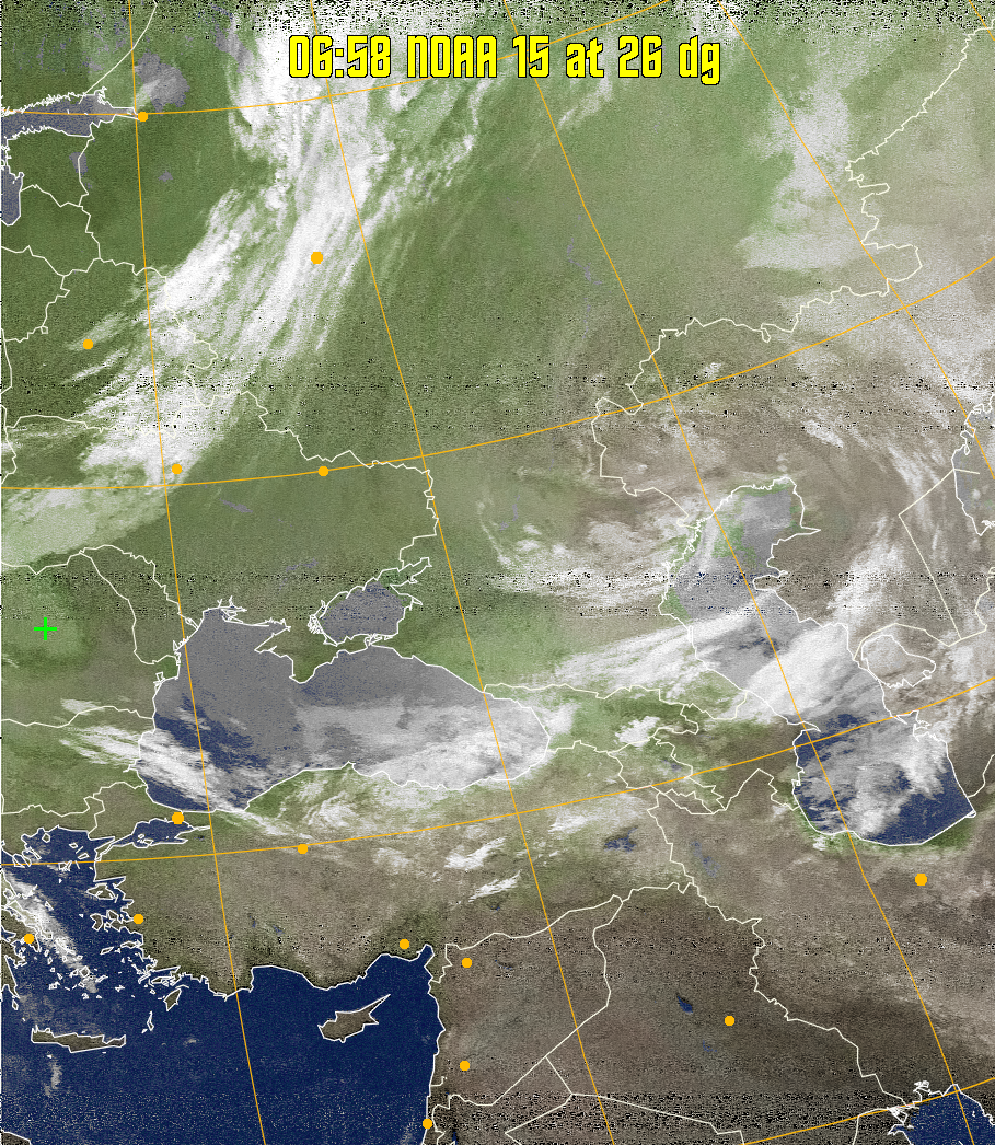 MCIR-precip: 
Colours the NOAA sensor 4 IR image using a map to colour the sea blue and land
green. High clouds appear white, lower clouds gray or land/sea coloured, clouds
generally appear lighter, but distinguishing between land/sea and low cloud may
be difficult. Darker colours indicate warmer regions.