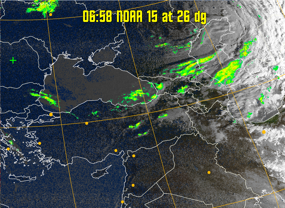 MSA-precip:
Same as MSA multispectral analysis, but high cold cloud tops are coloured the
same as the NO enhancement to give an approximate indication of the probability
and intensity of precipitation.