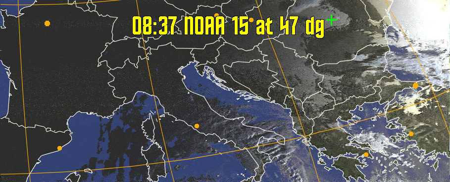 HVCT:
Similar to HVC, but with blue water and with colours more indicative of
land temperatures.
HVC:
Creates a false colour image from NOAA APT images based on temperature using
the HVC colour model. Uses the temperature derived from the sensor 4 image to
select the hue and the brightness from the histogram equalised other image to
select the value and chroma. The HVC colour model attempts to ensure that different colours at the same value will appear to the eye to be the same brightness
and the spacing between colours representing each degree will appear to the eye to
be similar. Bright areas are completely unsaturated in this model.