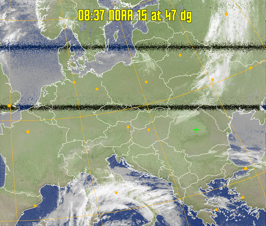 MCIR-precip: 
Colours the NOAA sensor 4 IR image using a map to colour the sea blue and land
green. High clouds appear white, lower clouds gray or land/sea coloured, clouds
generally appear lighter, but distinguishing between land/sea and low cloud may
be difficult. Darker colours indicate warmer regions.