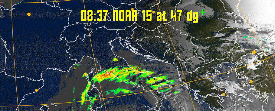 MSA-precip:
Same as MSA multispectral analysis, but high cold cloud tops are coloured the
same as the NO enhancement to give an approximate indication of the probability
and intensity of precipitation.