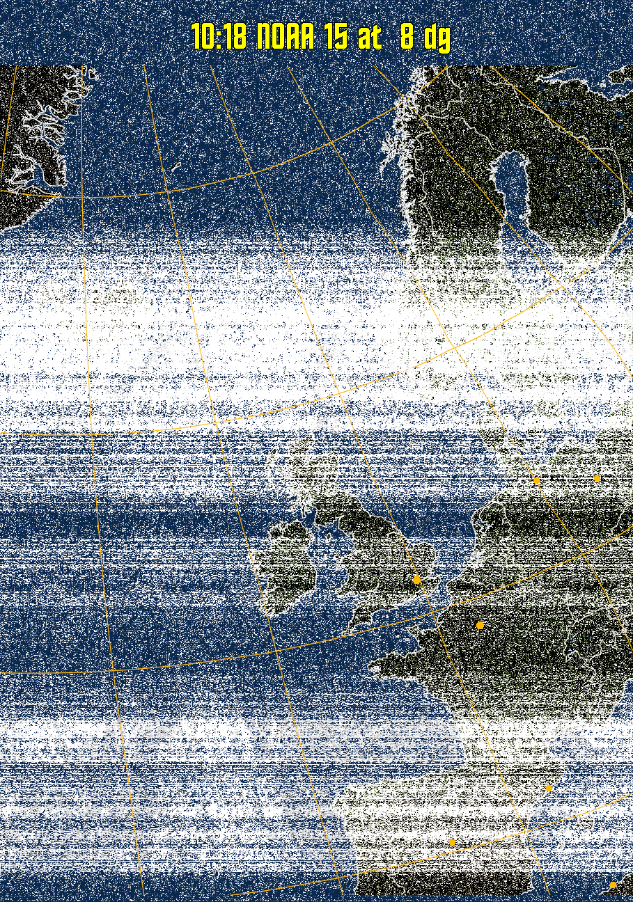 MCIR-precip: 
Colours the NOAA sensor 4 IR image using a map to colour the sea blue and land
green. High clouds appear white, lower clouds gray or land/sea coloured, clouds
generally appear lighter, but distinguishing between land/sea and low cloud may
be difficult. Darker colours indicate warmer regions.