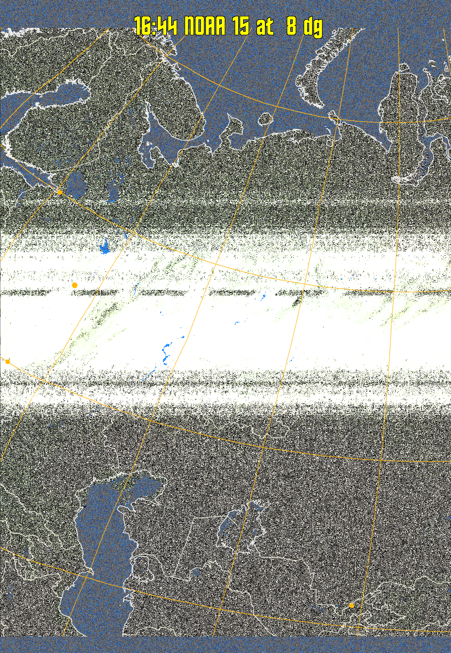 MCIR-precip: 
Colours the NOAA sensor 4 IR image using a map to colour the sea blue and land
green. High clouds appear white, lower clouds gray or land/sea coloured, clouds
generally appear lighter, but distinguishing between land/sea and low cloud may
be difficult. Darker colours indicate warmer regions.