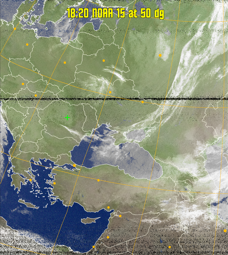 MCIR-precip: 
Colours the NOAA sensor 4 IR image using a map to colour the sea blue and land
green. High clouds appear white, lower clouds gray or land/sea coloured, clouds
generally appear lighter, but distinguishing between land/sea and low cloud may
be difficult. Darker colours indicate warmer regions.