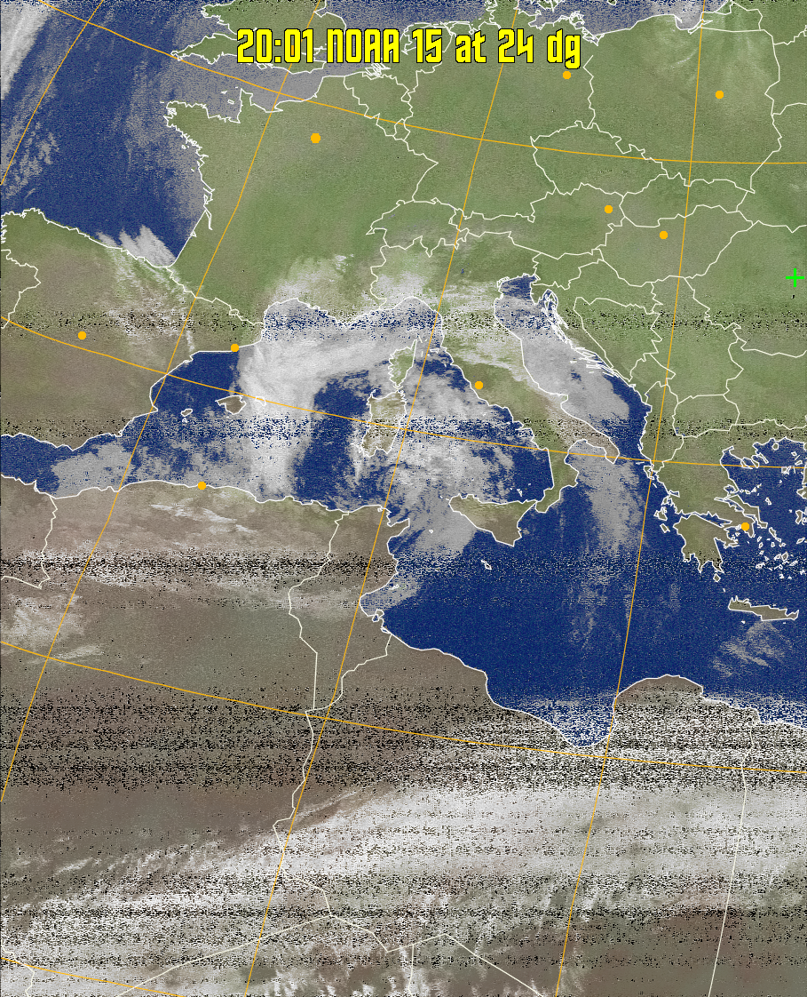 MCIR-precip: 
Colours the NOAA sensor 4 IR image using a map to colour the sea blue and land
green. High clouds appear white, lower clouds gray or land/sea coloured, clouds
generally appear lighter, but distinguishing between land/sea and low cloud may
be difficult. Darker colours indicate warmer regions.