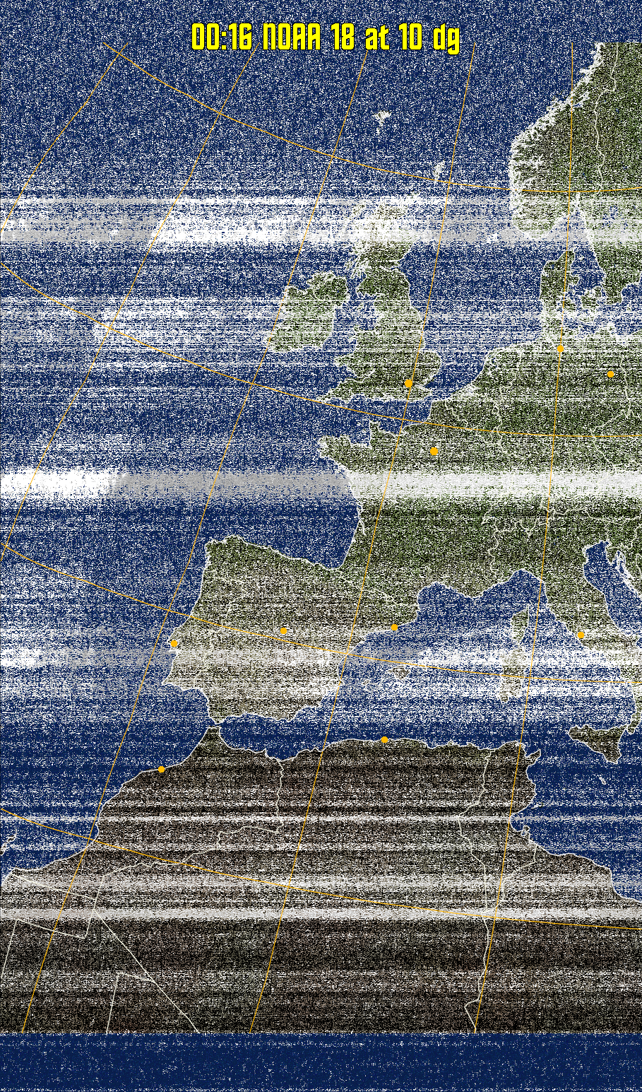 MCIR-precip: 
Colours the NOAA sensor 4 IR image using a map to colour the sea blue and land
green. High clouds appear white, lower clouds gray or land/sea coloured, clouds
generally appear lighter, but distinguishing between land/sea and low cloud may
be difficult. Darker colours indicate warmer regions.