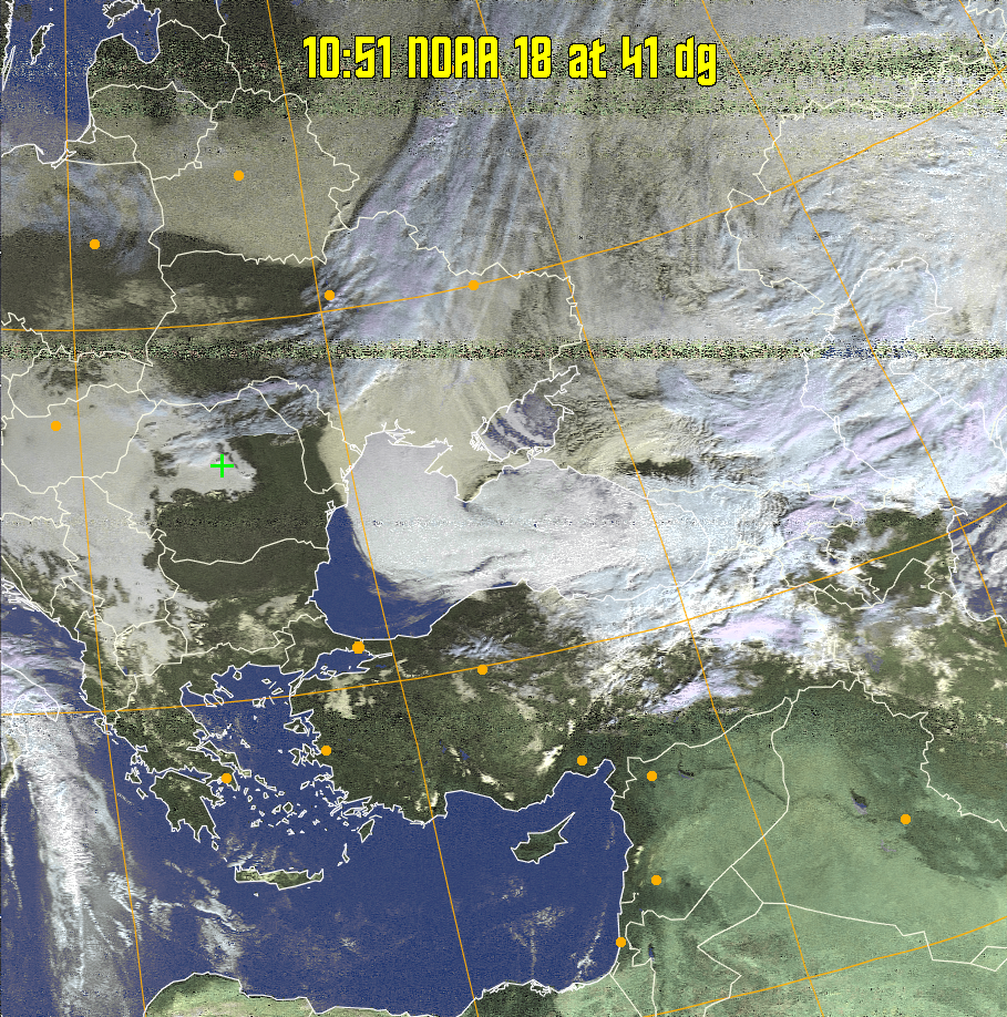 HVCT:
Similar to HVC, but with blue water and with colours more indicative of
land temperatures.
HVC:
Creates a false colour image from NOAA APT images based on temperature using
the HVC colour model. Uses the temperature derived from the sensor 4 image to
select the hue and the brightness from the histogram equalised other image to
select the value and chroma. The HVC colour model attempts to ensure that different colours at the same value will appear to the eye to be the same brightness
and the spacing between colours representing each degree will appear to the eye to
be similar. Bright areas are completely unsaturated in this model.