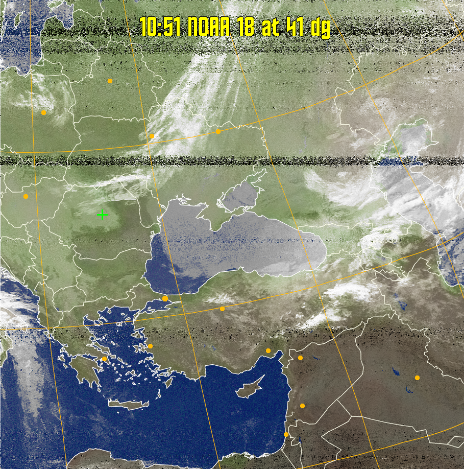 MCIR-precip: 
Colours the NOAA sensor 4 IR image using a map to colour the sea blue and land
green. High clouds appear white, lower clouds gray or land/sea coloured, clouds
generally appear lighter, but distinguishing between land/sea and low cloud may
be difficult. Darker colours indicate warmer regions.